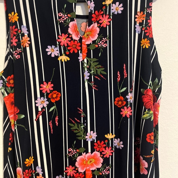 Floral Striped Midi Dress - Black with Red and Pink Flowers - Picture 5 of 6